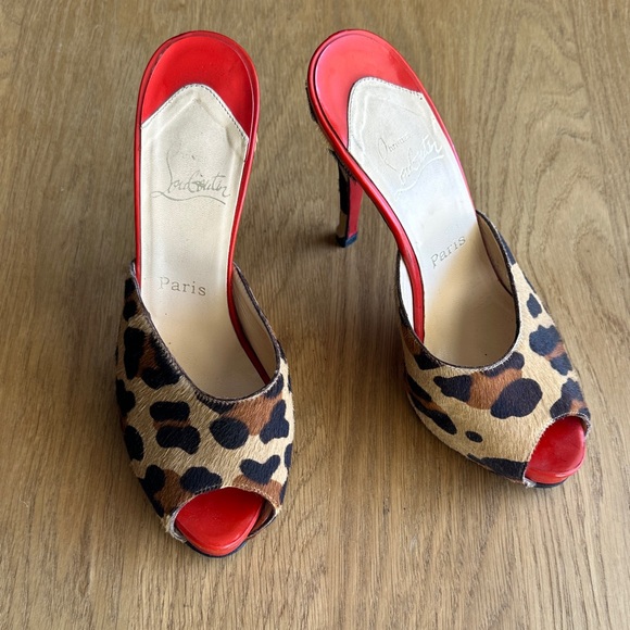 Christian Louboutin Shoes - Christian Louboutin Leopard Print Peep-Toe Mules with Red Insole